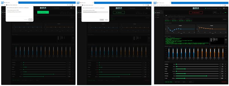 mim-control.com — connection flow: port selection to fully connected