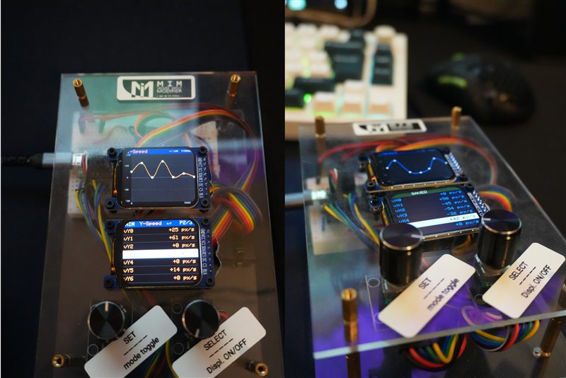 MIM Full Build — both TFT displays active with speed curves and encoder values
