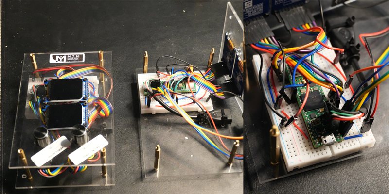 MIM Full Build — interior view: perfboard in enclosure, TFTs and encoders installed